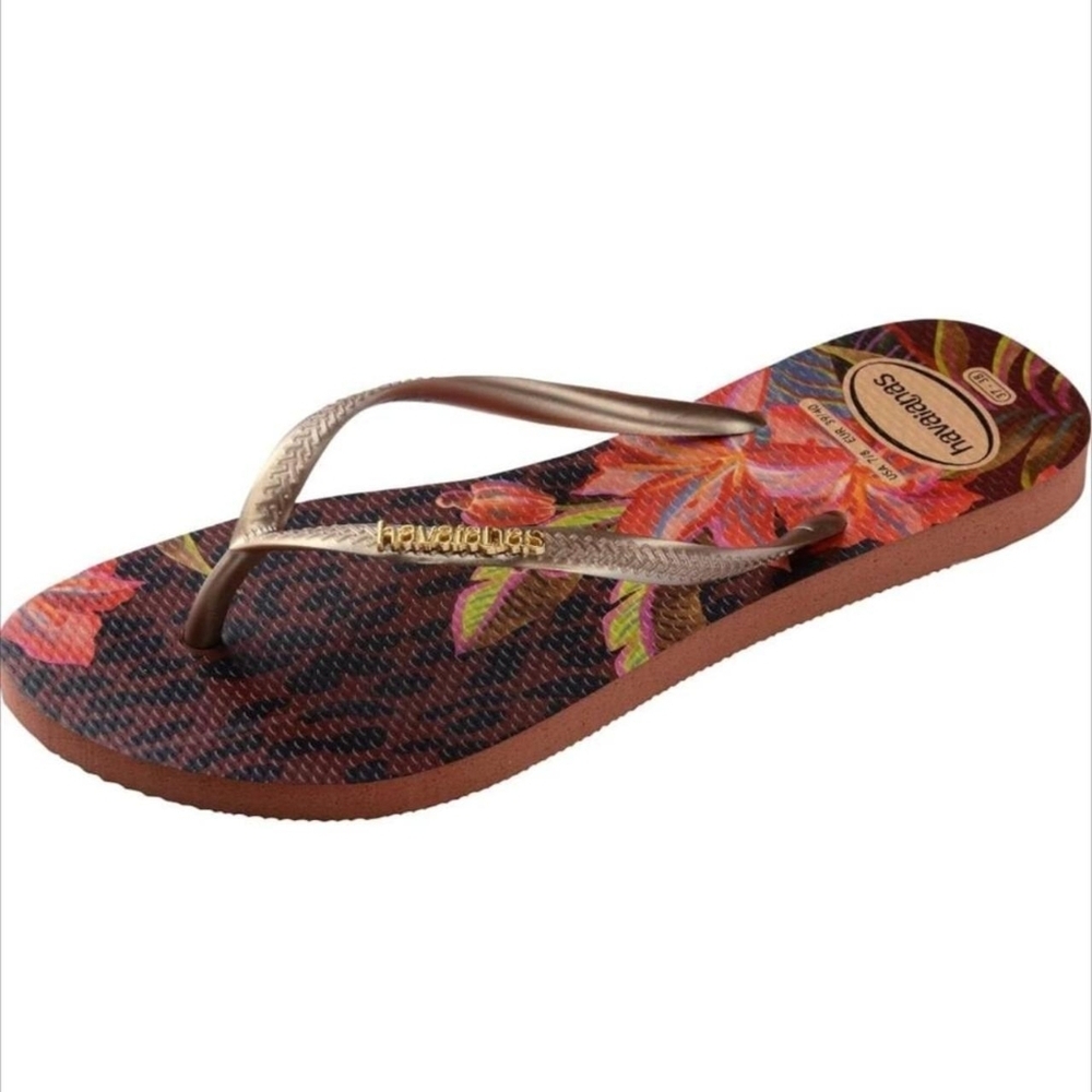 Havaianas Women's Floral Flip Flops - Brown and Gold - Picture 4 of 7